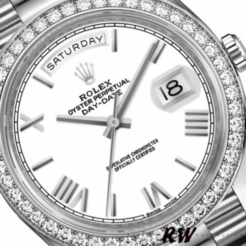 Rolex Day-Date 228349RBR White Roman Dial Diamond Bezel 40mm Mens Replica Watch