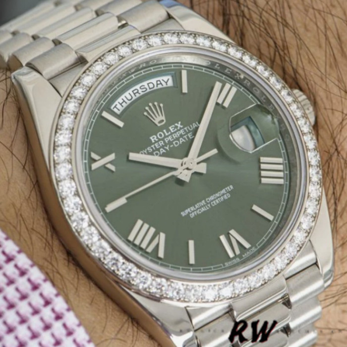 Rolex Day-Date 228349RBR Green Roman Dial Diamond Bezel 40mm Mens Replica Watch
