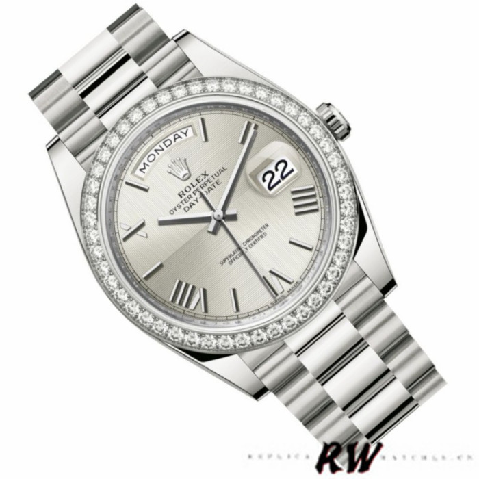 Rolex Day-Date 228349RBR Silver Roman Dial Diamond Bezel 40mm Mens Replica Watch