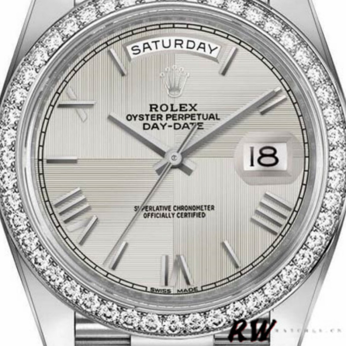 Rolex Day-Date 228349RBR Silver Roman Dial Diamond Bezel 40mm Mens Replica Watch
