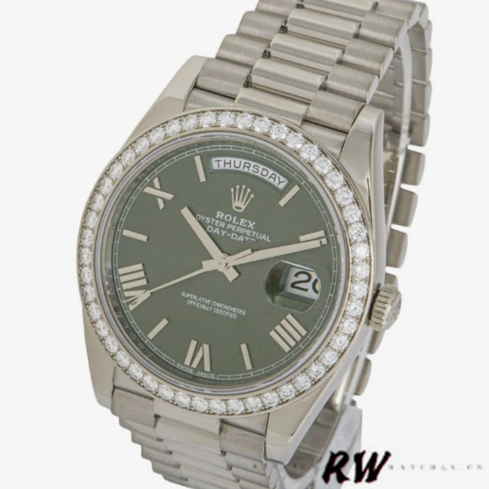 Rolex Day-Date 228349RBR Green Roman Dial Diamond Bezel 40mm Mens Replica Watch