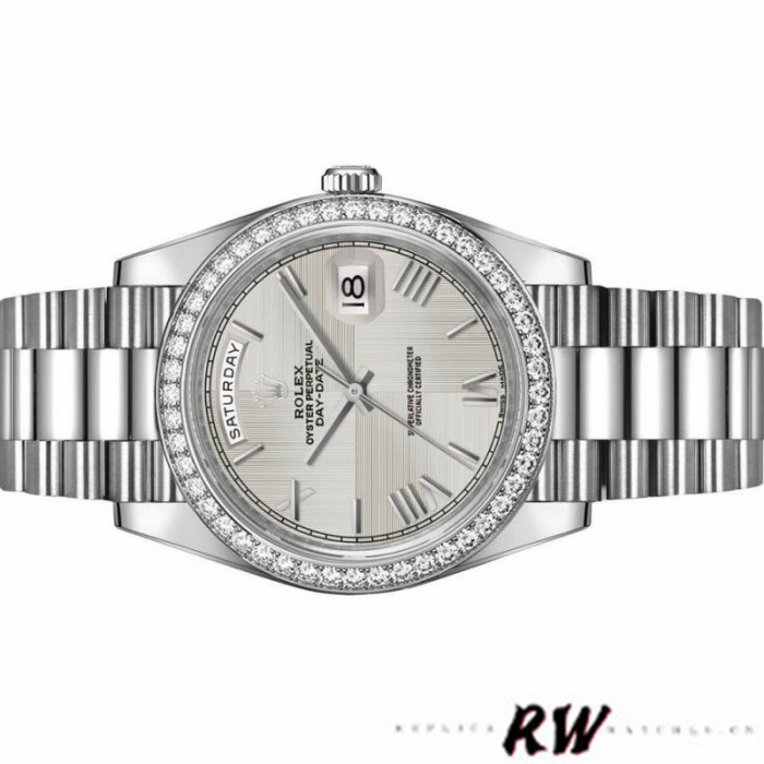 Rolex Day-Date 228349RBR Silver Roman Dial Diamond Bezel 40mm Mens Replica Watch