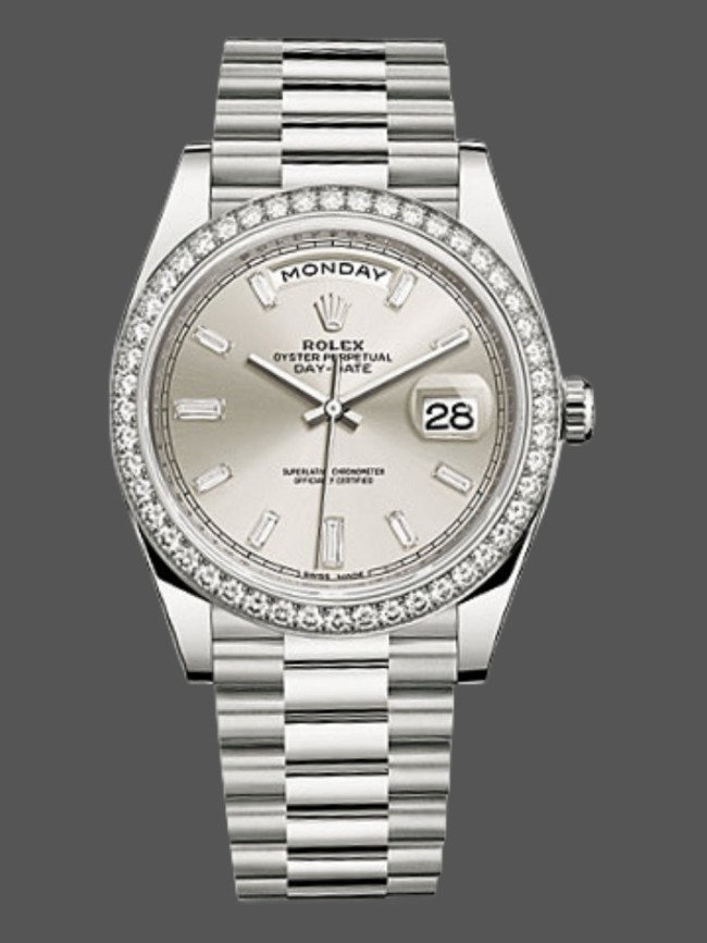 Rolex Day-Date 228349RBR Silver Dial Diamond Bezel 40mm Mens Replica Watch