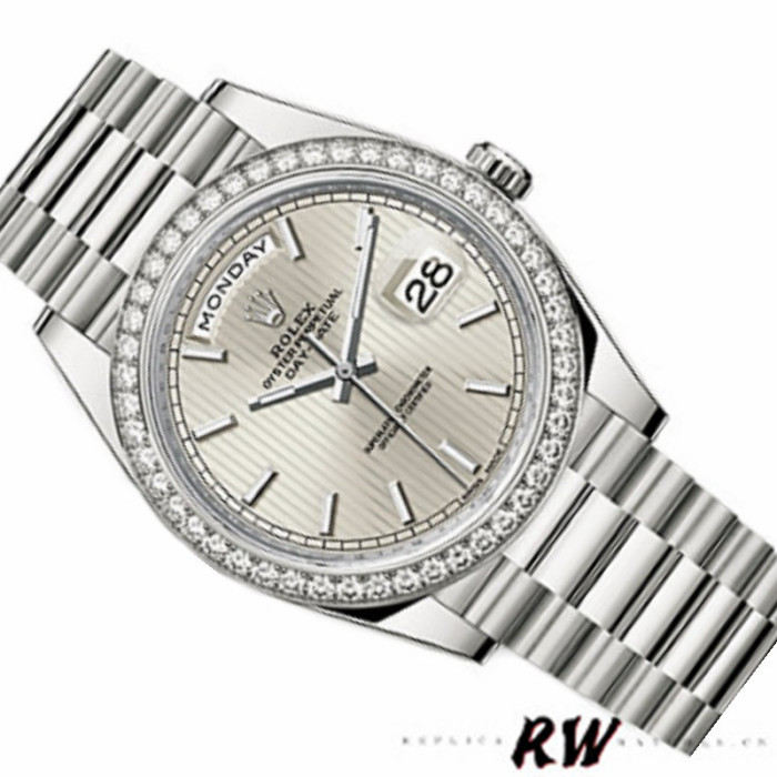 Rolex Day-Date 228349RBR Silver Stripe Motif Dial Diamond Bezel 40mm Mens Replica Watch
