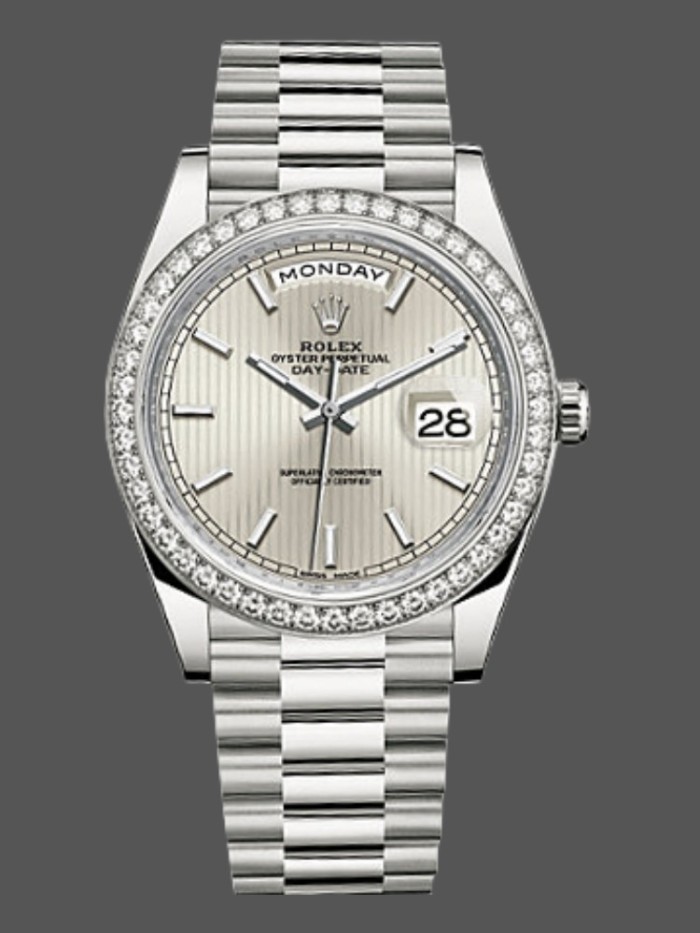 Rolex Day-Date 228349RBR Silver Stripe Motif Dial Diamond Bezel 40mm Mens Replica Watch