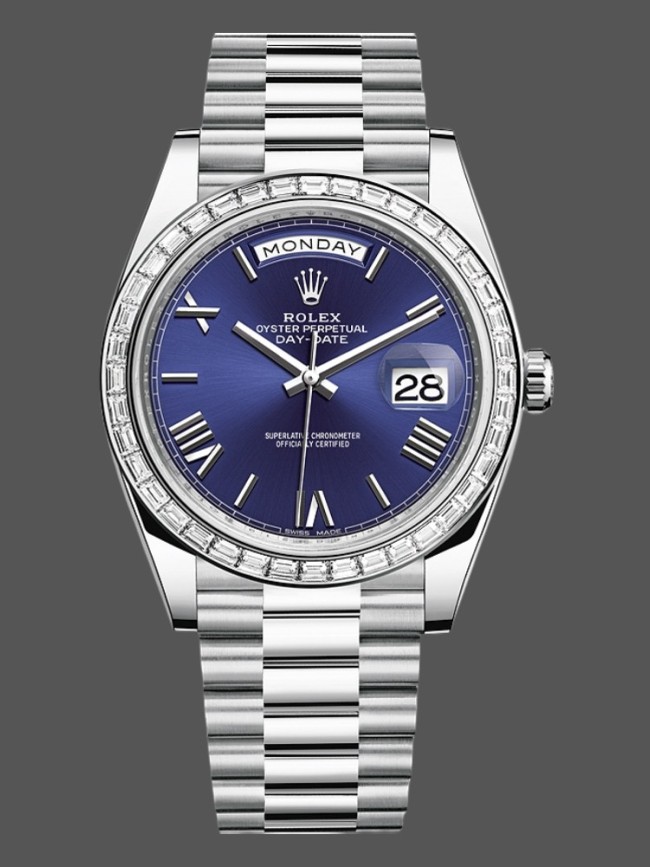 Rolex Day-Date 228396TBR Blue Dial Platinum Diamond Bezel 40mm Mens Replica Watch