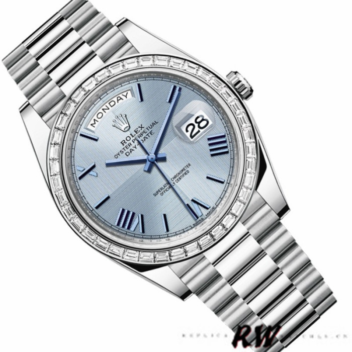 Rolex Day-Date 228396TBR Ice Blue Dial Platinum Diamond Bezel 40mm Mens Replica Watch