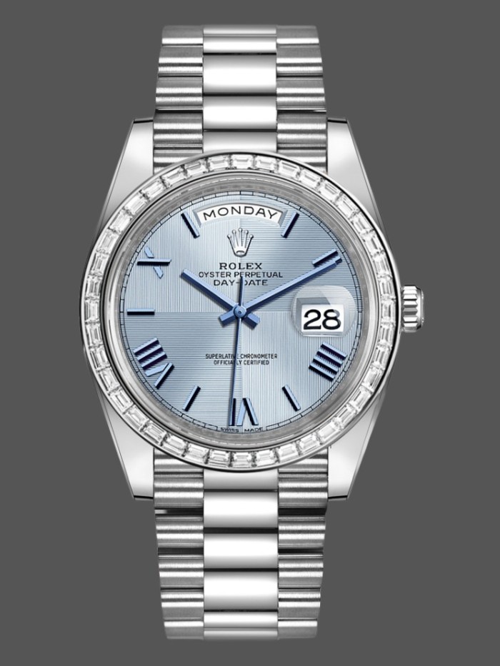 Rolex Day-Date 228396TBR Ice Blue Dial Platinum Diamond Bezel 40mm Mens Replica Watch