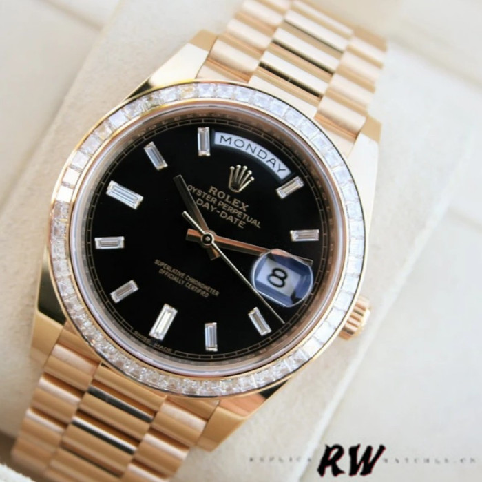Rolex Day-Date 228398TBR Black Diamond Dial Diamond Bezel 40mm Mens Replica Watch
