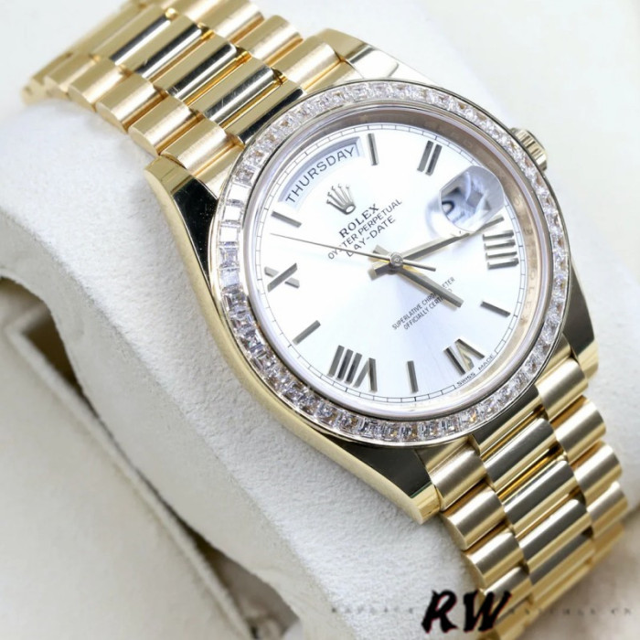 Rolex Day-Date 228398TBR Silver Roman Numeral Dial Diamond Bezel 40mm Mens Replica Watch