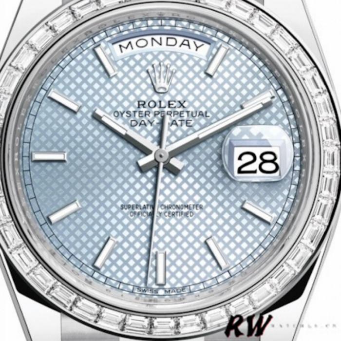 Rolex Day-Date 228396TBR Ice Blue Diagonal Motif Dial Diamond Bezel 40mm Mens Replica Watch