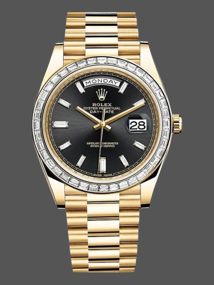 Rolex Day-Date 228398TBR Black Diamond Dial Diamond Bezel 40mm Mens Replica Watch