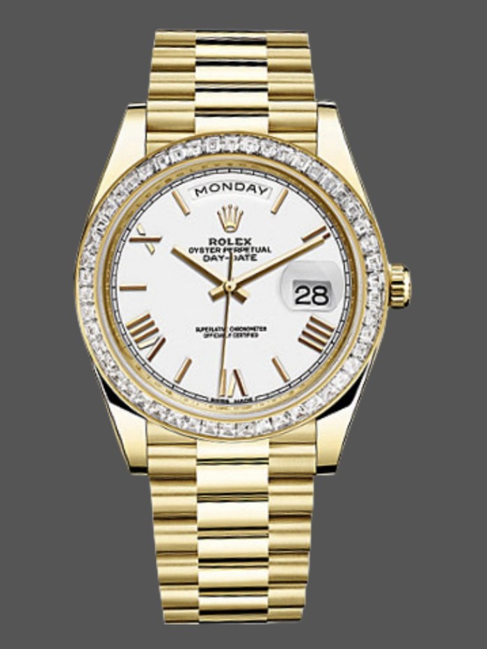 Rolex Day-Date 228398TBR White Roman Numeral Dial Diamond Bezel 40mm Mens Replica Watch