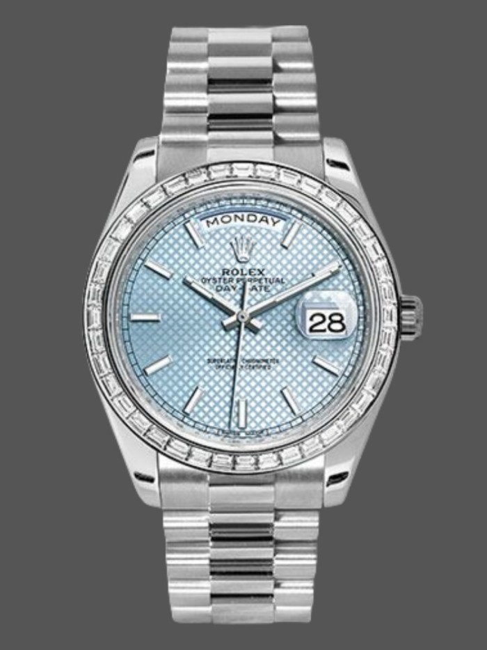 Rolex Day-Date 228396TBR Ice Blue Diagonal Motif Dial Diamond Bezel 40mm Mens Replica Watch