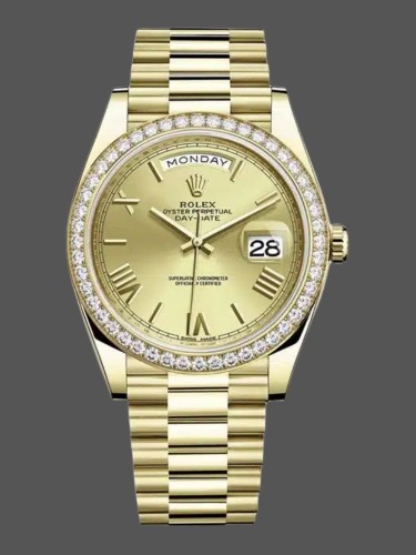 Rolex Day-Date 228398TBR Champagne Roman Numeral Dial Diamond Bezel 40mm Mens Replica Watch