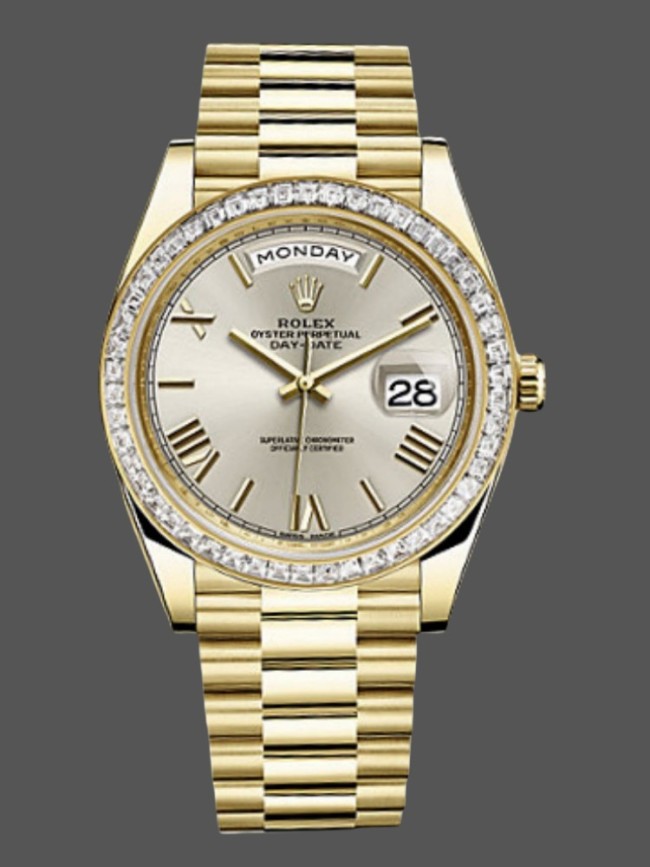 Rolex Day-Date 228398TBR Silver Roman Numeral Dial Diamond Bezel 40mm Mens Replica Watch