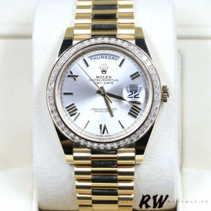 Rolex Day-Date 228398TBR Silver Roman Numeral Dial Diamond Bezel 40mm Mens Replica Watch