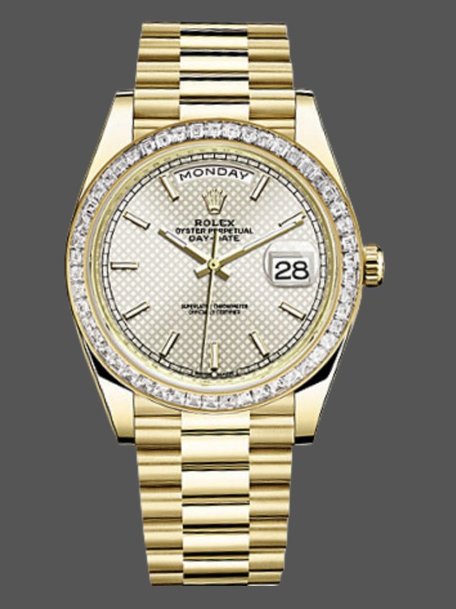 Rolex Day-Date 228398TBR Silver Diagonal Motif Dial Diamond Bezel 40mm Mens Replica Watch