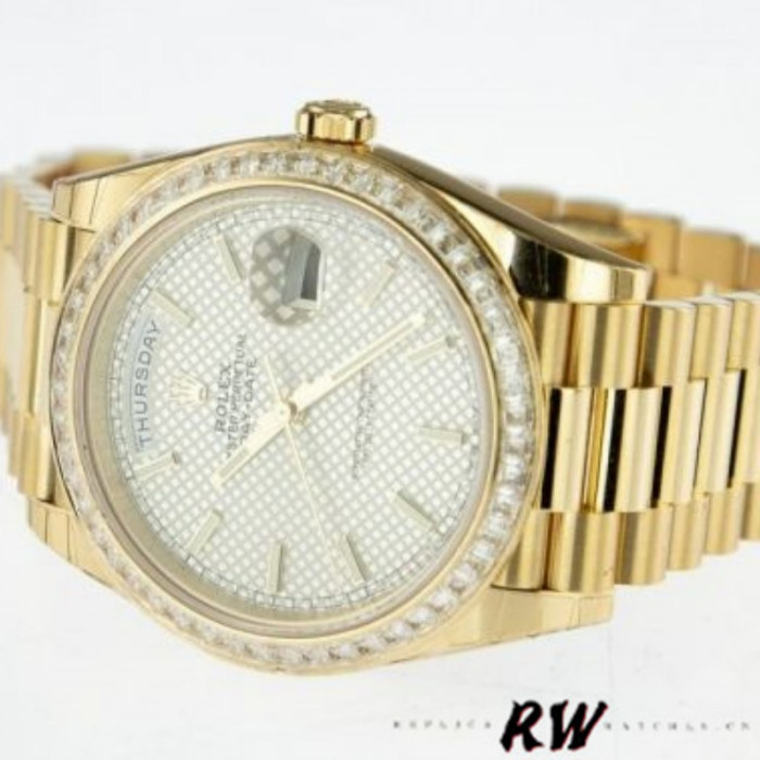 Rolex Day-Date 228398TBR Silver Diagonal Motif Dial Diamond Bezel 40mm Mens Replica Watch