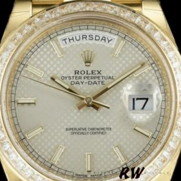 Rolex Day-Date 228398TBR Silver Diagonal Motif Dial Diamond Bezel 40mm Mens Replica Watch