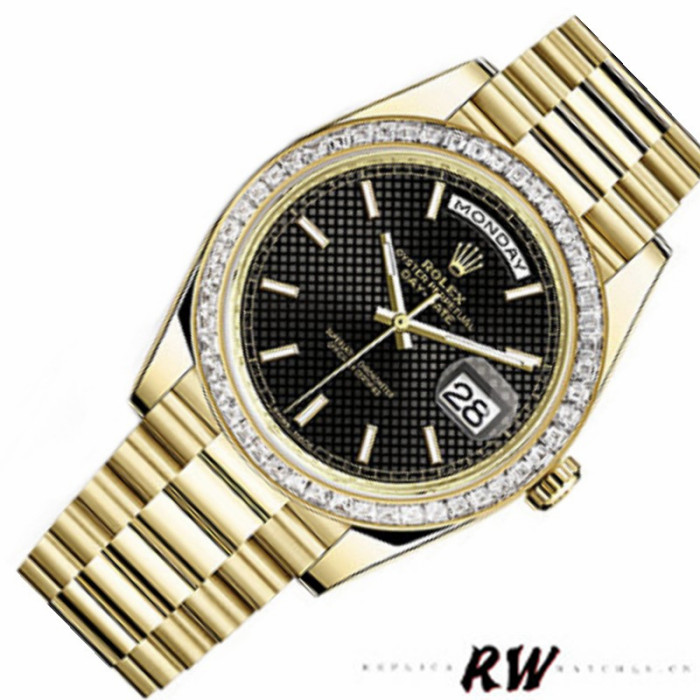 Rolex Day-Date 228398TBR Black Diagonal Motif Dial Diamond Bezel 40mm Mens Replica Watch