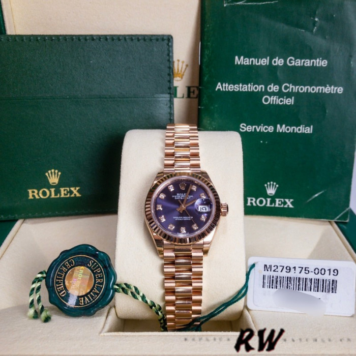 Rolex Datejust 279175 Aubergine Diamonds Dial Fluted Bezel 28mm Lady Replica Watch