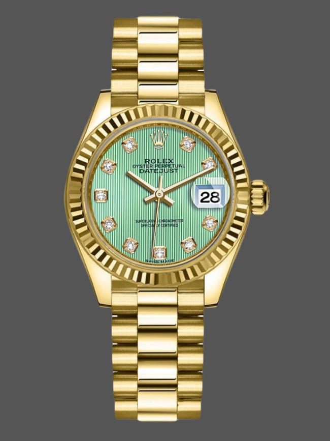Rolex Datejust 279178 Mint Green Diamond Dial Fluted Bezel 28mm Lady Replica Watch