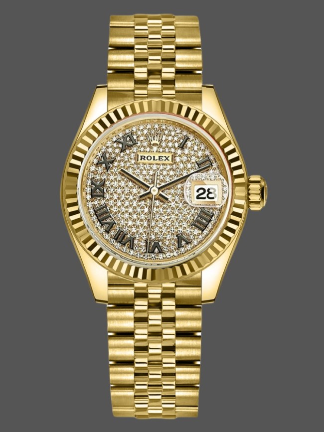 Rolex Datejust 279178 Diamond Pave Dial Yellow Gold 28mm Lady Replica Watch