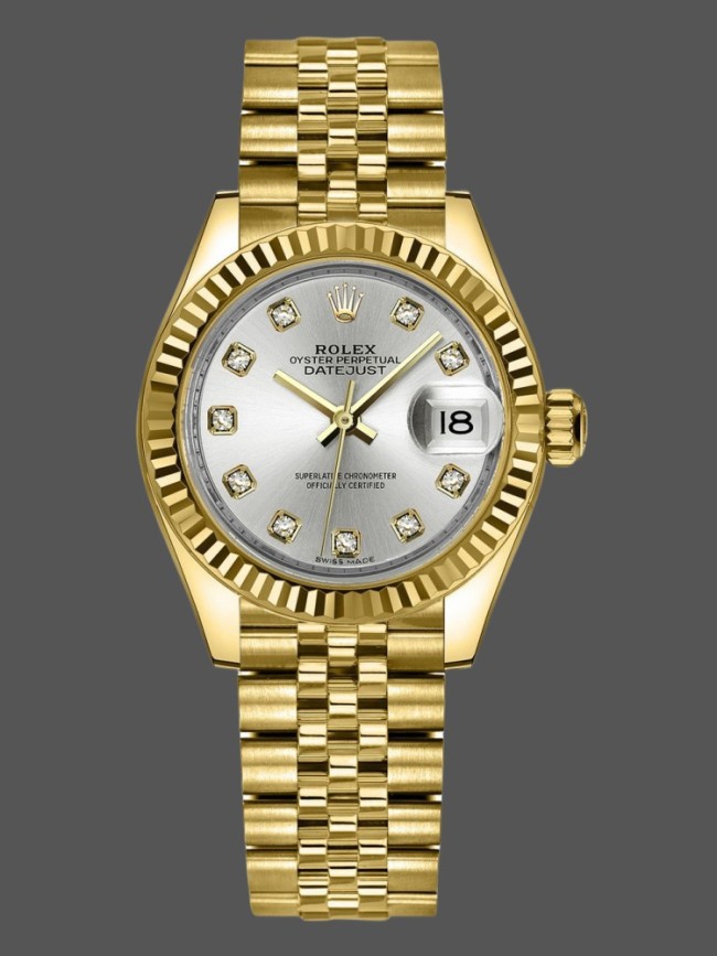 Rolex Datejust 279178 Silver Diamond Dial Yellow Gold 28mm Lady Replica Watch