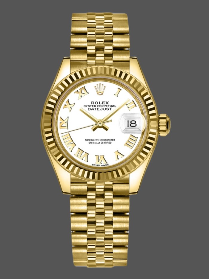 Rolex Datejust 279178 White Roman Dial Yellow Gold 28mm Lady Replica Watch