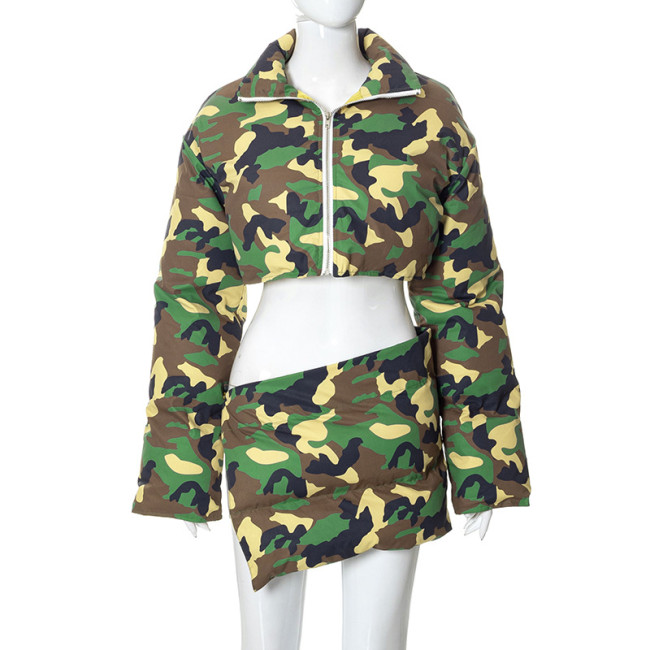 Women Camouflage Thick Jacket Skirt Suit Set