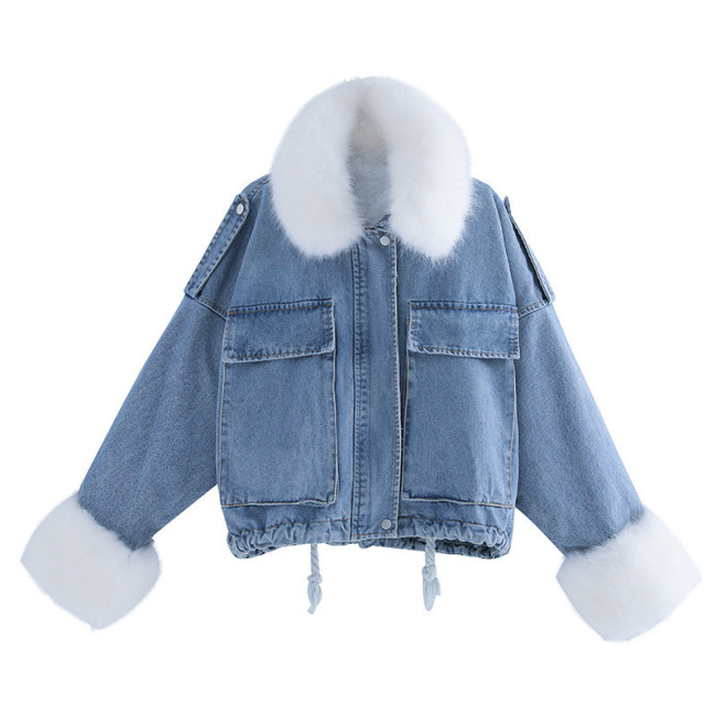 Women Fleece Denim Jacket with Big Fur Collar