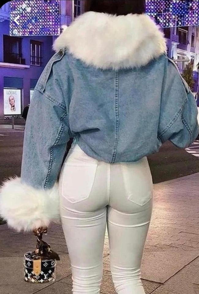 Women Fleece Denim Jacket with Big Fur Collar