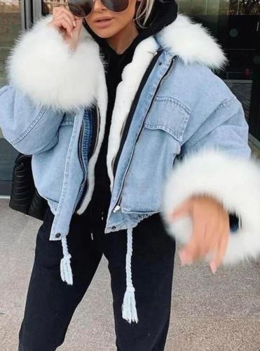 Women Fleece Denim Jacket with Big Fur Collar