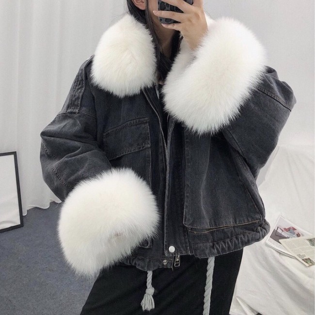 Women Fleece Denim Jacket with Big Fur Collar