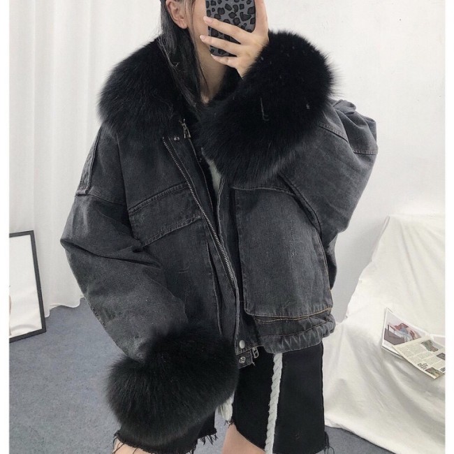 Women Fleece Denim Jacket with Big Fur Collar