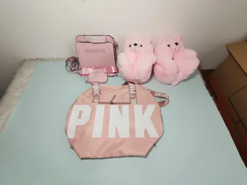 Handbag with Bear Slippers with Pink Bag Set Free Shipping