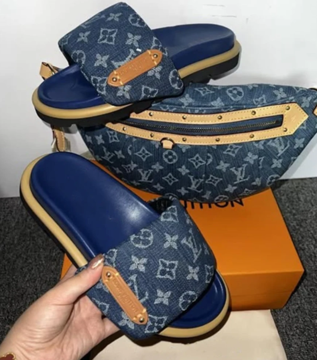 Fashion Jean Blue Slides with Bag Set #LOV