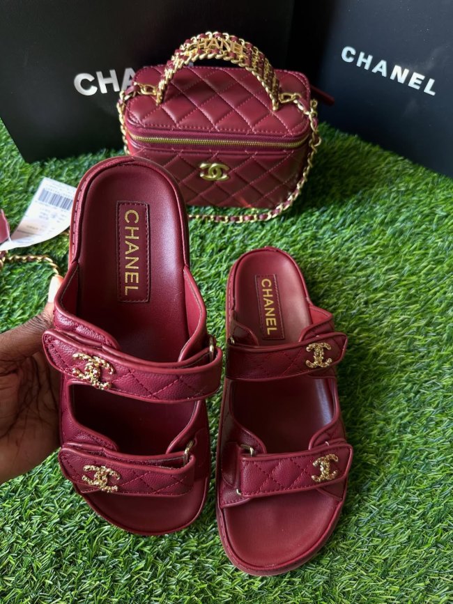 Fashion Slides with Bag Wine Red Set #CHN