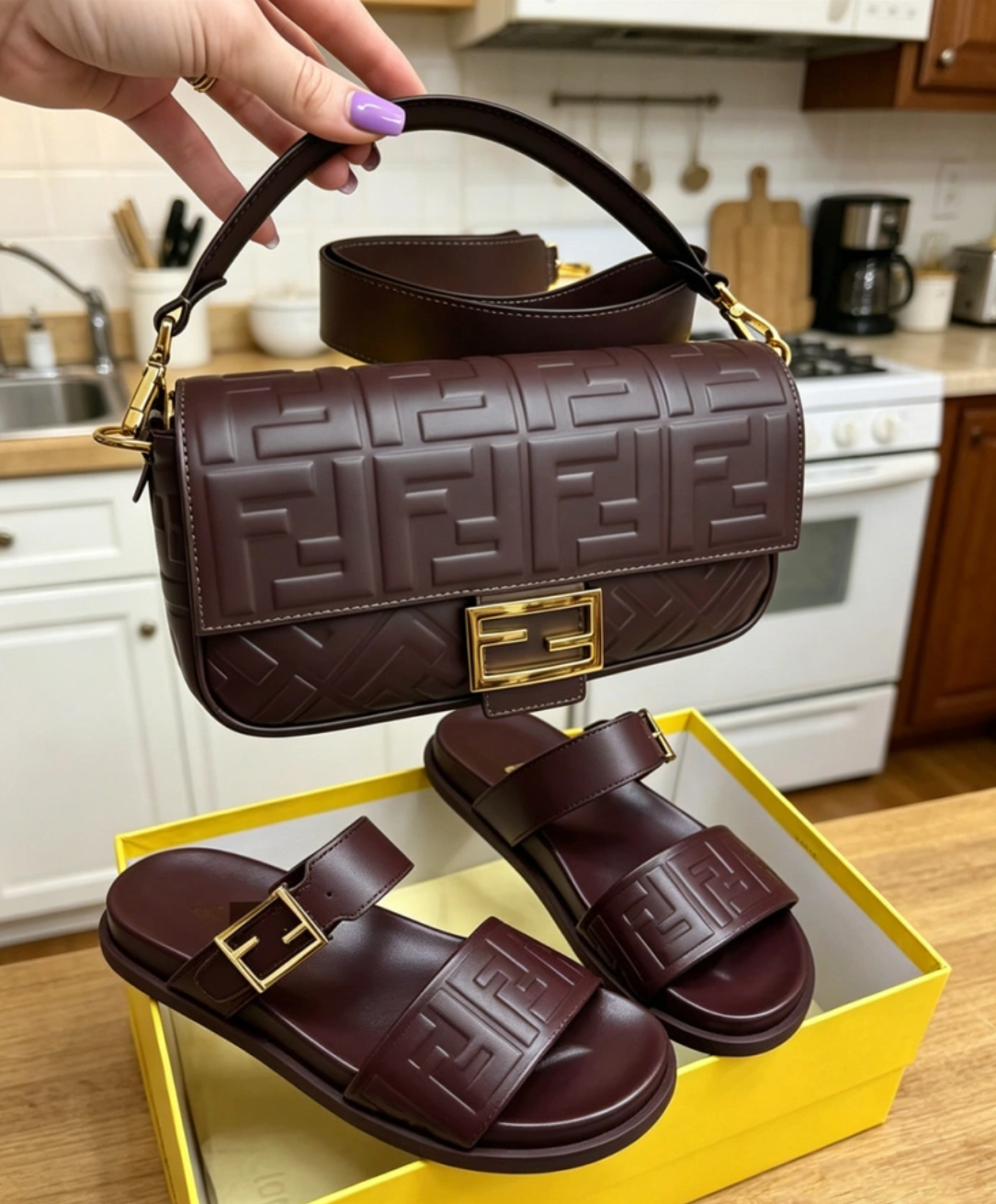 Fashion Slides with Bag Set Burgundy Color #FEI