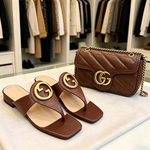 Fashion Brown Slides with Bag Set #GUI