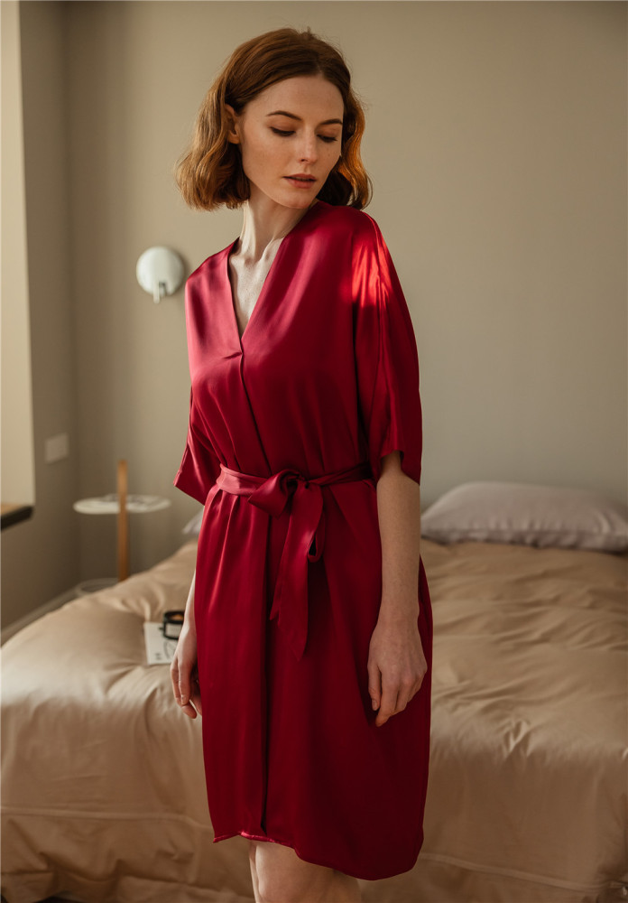 Silk pajamas women's spring and autumn thin sexy ice silk middle-sleeved nightdress