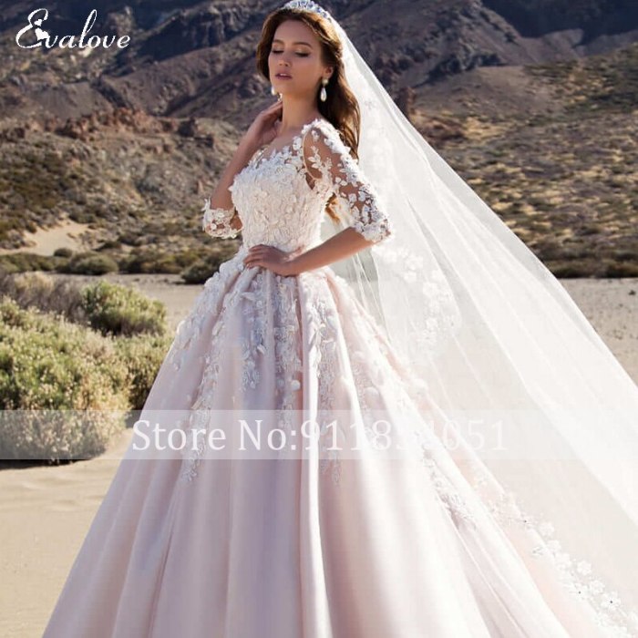 Romantic Scoop Neck Half Sleeve Bride A-Line Wedding Dresses Luxury Beading Flowers Appliques Pink Princess Bridal Gown