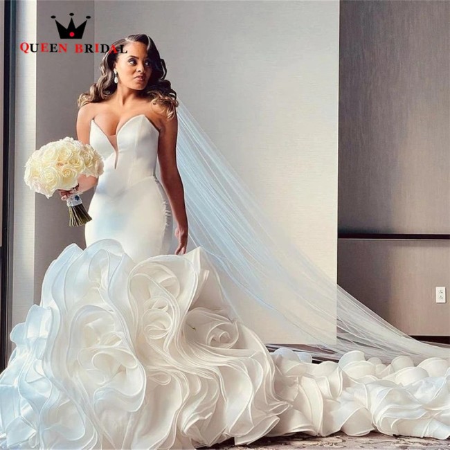 Sexy Mermaid Wedding Dresses Strapless Ruffle Train Satin Tulle 2022 New Design Elegant Bridal Gown Custom Made JT49