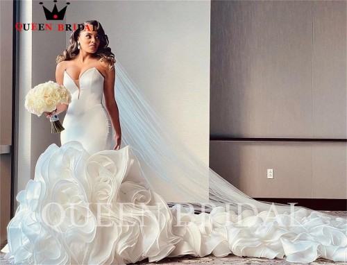 Copy Sexy Mermaid Wedding Dresses Strapless Ruffle Train Satin Tulle 2022 New Design Elegant Bridal Gown Custom Made JT49