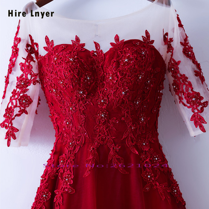 HIRE LNYER New Special Half Sleeve Shiny Beading Crystal Appliques Red Lace Tulle Formal Bridesmaid Dresses Long Vestido