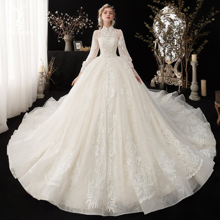 High Neck Long Sleeve Pearls Flowers All Over Appliques Lace Princess Ball Gown Wedding Dresses Fashion Robe De Mariage