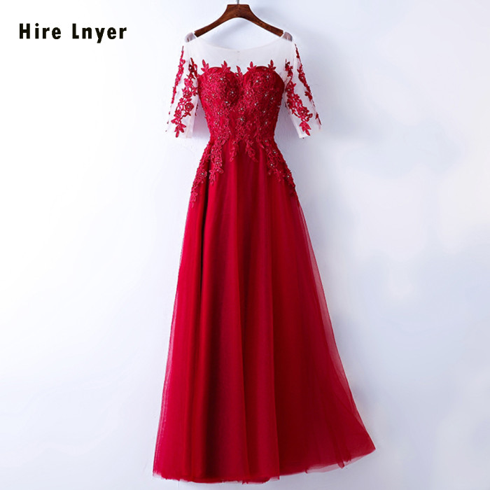 HIRE LNYER New Special Half Sleeve Shiny Beading Crystal Appliques Red Lace Tulle Formal Bridesmaid Dresses Long Vestido