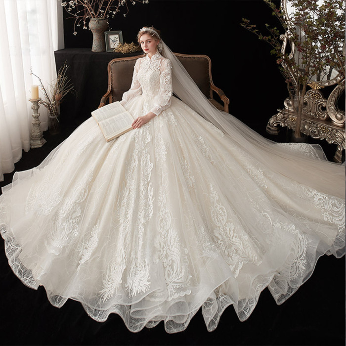 High Neck Long Sleeve Pearls Flowers All Over Appliques Lace Princess Ball Gown Wedding Dresses Fashion Robe De Mariage
