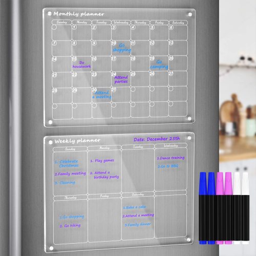 Acrylic Magnetic Monthly and Weekly Calendar for Fridge, Clear Set of 2 Dry Erase Board Calendar for Fridge Reusable Planner, Includes 6 Dry Erase Markers with 3 Colors(16 x12 Inches)